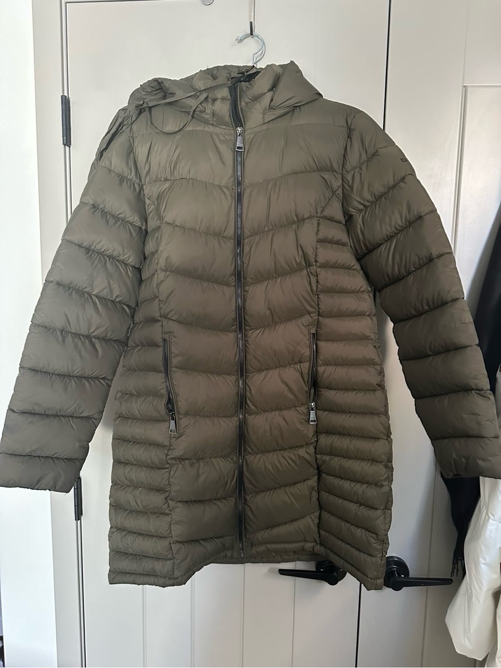 DKNY Olive Green Quilted Long Packable Puffer Coat with Hood